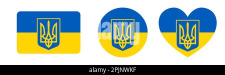 Set di simboli ucraini - bandiera, cerchio, quadrato, cuore. Stemma dell'Ucraina. Adesivi o badge patriottici. Applicabile per il supporto Ucraina, help ic Illustrazione Vettoriale