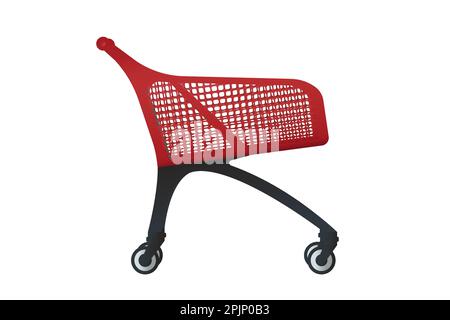 Carrello di plastica supermercato. Vista laterale di un realistico carrello o carrello. Svuotare il carrello della spesa moderno. Illustrazione vettoriale Illustrazione Vettoriale