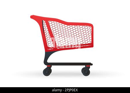 Carrello di plastica supermercato. Vista laterale di un realistico carrello o carrello. Svuotare il carrello della spesa moderno. Illustrazione vettoriale Illustrazione Vettoriale