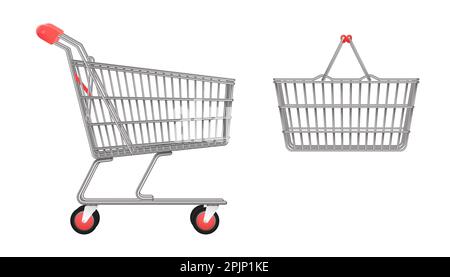 Realistico vuoto cavo supermercato carrello e carrello, carrello a spinta. Manici rossi colorati. Conservare il carrello in metallo su sfondo isolato bianco. Illlust vettoriale Illustrazione Vettoriale