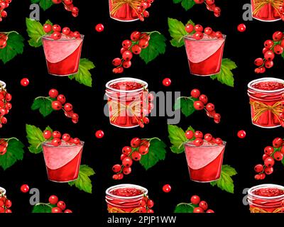 Motivo senza cuciture con bacche rosse e vasetto con gelatina. Ribes acquerello isolato su sfondo nero. Illustrazione botanica disegnata a mano. Clip art Foto Stock