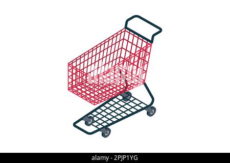 Carrello spesa a filo isometrico. Carrello vuoto di colore rosso o carrello della spesa su sfondo isolato. Carrello isometrico. Illustrazione vettoriale Illustrazione Vettoriale