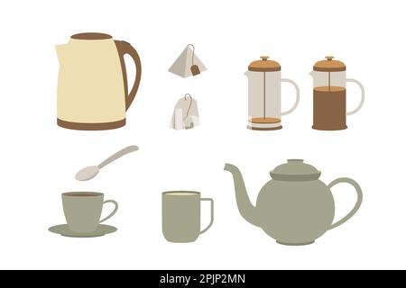 Set di apparecchi per la preparazione e l'abbeveraggio del tè. Bollitore, macchina da caffè, teiera, tazza e tazza. Stampa francese vuota e completa. Illustrazione del vettore piatto Illustrazione Vettoriale