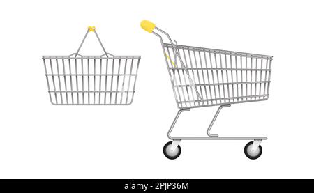 Realistico vuoto cavo supermercato carrello e carrello, carrello a spinta. Maniglie gialle colorate. Conservare il carrello in metallo su sfondo isolato bianco. Vettore ill Illustrazione Vettoriale