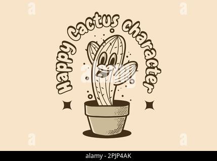 Mascot disegno di illustrazione di carattere di cactus con un volto allegro in una pentola Illustrazione Vettoriale