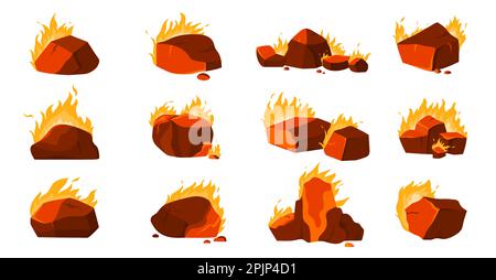 Carbone caldo che brucia con illustrazione vettore di fuoco stabilito. Cartone animato isolato rosso incandescente pietre di carbone con fiamma, palo di fuoco di brace bruciano in falò di legno o forno, raccolta di pezzi di carbone fiammeggiante Illustrazione Vettoriale