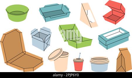 Set di scatole di cartone per alimenti. Scatole di cartone vuote per alimenti da asporto. Contenitori per la consegna di carta e plastica. Pacchetti da asporto vuoti. Confezioni riciclabili Illustrazione Vettoriale