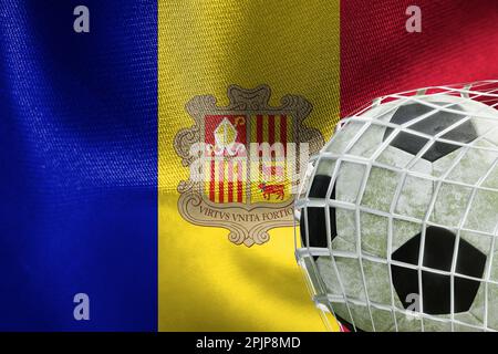 UEFA EURO 2024 Soccer, Andorra bandiera nazionale con una palla di calcio in rete, 3D lavoro e 3D immagine. Yerevan, Armenia - 2023 aprile 03 Foto Stock