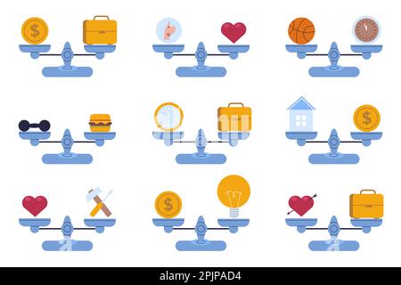 Scelta su bilancia. Simboli diversi sulle bocce opposte. Costi di tempo e cuore d'amore. Elementi di confronto e pesatura. Confronta affari o denaro moneta Illustrazione Vettoriale