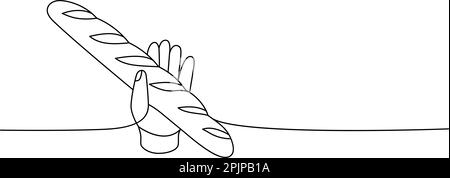Tenere a mano baguette un disegno continuo a una linea. Illustrazione continua di una linea di prodotti per pasticceria da forno. Illustrazione lineare minimalista vettoriale. Illustrazione Vettoriale