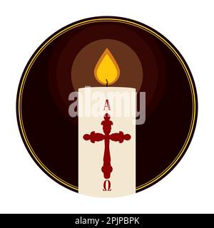 Pulsante rotondo scuro con candela Paschal illuminata al suo interno. Design religioso in stile piatto. Illustrazione Vettoriale
