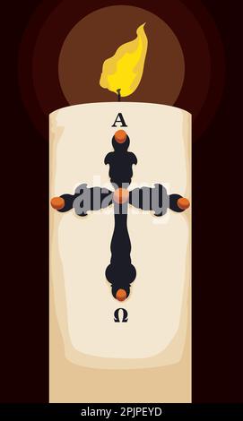 Candela pasquale decorata con croce, grani e simboli religiosi, che risplendono su sfondo scuro. Design in stile cartone animato. Illustrazione Vettoriale