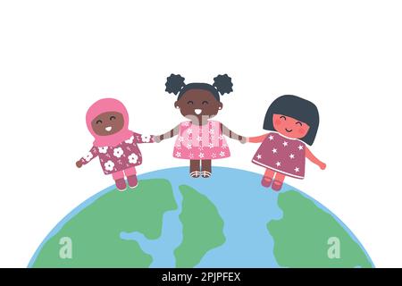 Gruppo multiculturale di bambine che tengono le mani. Concetto di Giornata internazionale della donna. I bambini sono in piedi sul globo. Ragazze felici del bambino. Vettore illustrati Illustrazione Vettoriale