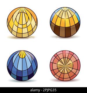 Gruppo di quattro pulsanti rotondi come finestre colorate in vetro colorato in effetto gradiente. Illustrazione Vettoriale