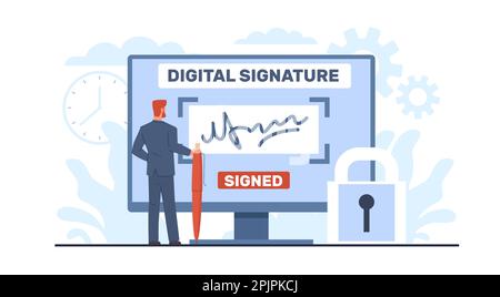 Concetto di firma digitale, uomo d'affari firma un accordo o un contratto on-line. Penna uomo, documento sullo schermo del computer, tecnologia elettronica Illustrazione Vettoriale