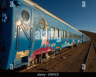 Il popolare tra i turisti Tren de Las Nubes (treno delle nuvole) di stanza alla stazione ferroviaria di San Antonio de Los Cobres, provincia di Salta, Argentina Foto Stock