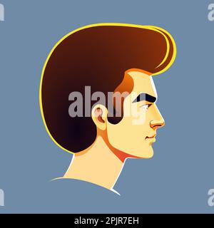 Ritratto di un uomo caucasico in profilo, 1960s, 1970s, 1980s stile poster, retrò, futuristico, forte capelli sani, viso pulito-rasato, salone di pubblicità Illustrazione Vettoriale