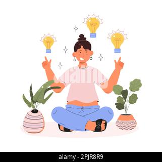 Ragazza con il concetto di lampadina vettoriale. Eureka, illustrazione bingo. motivare il dipendente e puntare il dito verso l'alto. Illustrazione Vettoriale