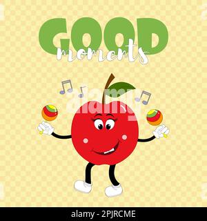 Mela cartoon rosso. Allegro personaggio suona strumenti musicali. Illustrazione Vettoriale