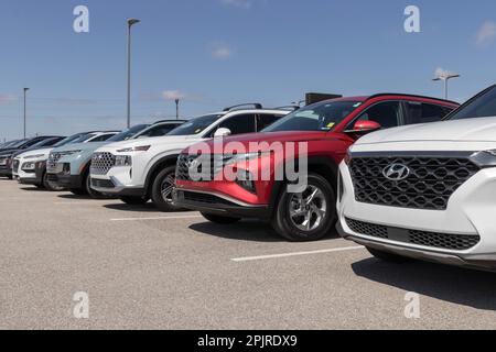 Avon - circa Aprile 2023: Hyundai mostra auto usate presso una concessionaria. Con problemi di offerta, Hyundai si affida alle vendite di veicoli usati per soddisfare la domanda. Foto Stock