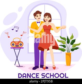 Scuola di danza Illustrazione di persone Danzando o coreografia con apparecchiature musicali in Studio in Cartoon piano modelli di Landing Page disegnati a mano Illustrazione Vettoriale