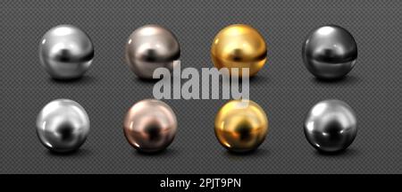 Set realistico di sfere cromate isolate su sfondo trasparente. Argento, oro, bronzo, platino metallo 3D sfere con ombra e riflesso della luce su superficie lucida. Perline di gioielli. Elemento di progettazione Illustrazione Vettoriale