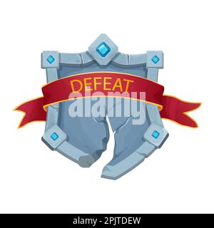 Defeat Shield Stone Frame con bordo rotto e pietre preziose, nastro premio rosso vuoto medievale menu pannello in stile cartone animato isolato su sfondo bianco. Illustrazione vettoriale Illustrazione Vettoriale