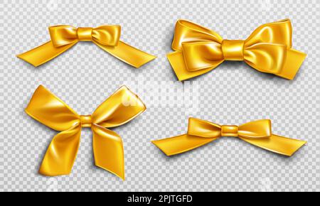 Set di nastri e archi in oro. Collezione di elementi festosi di colore giallo lucido per l'imballaggio di confezioni regalo, carta regalo di design o invito isolato su sfondo trasparente. Rappresentazione realistica del vettore 3D Illustrazione Vettoriale