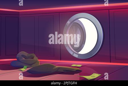 Camera con volta di banca con porta aperta, alcune banconote da dollaro e sacchi vuoti sdraiati al piano, luce solare che cade nell'area di sicurezza interna, vista dall'interno. Rapina o crisi economica Cartoon illustrazione vettore Illustrazione Vettoriale