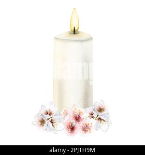 Romantico e rilassante candela bruciante con fiori di ciliegio rosa bianco isolato su sfondo bianco. Watercolor spa dating design Foto Stock