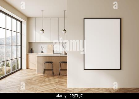 Una splendida sala interna scandinava con una macchina per il caffè su un bancone  bar minimale in legno, contro la parete di mattoni bianchi, gli sgabelli e  l'arredamento della casa Foto stock 