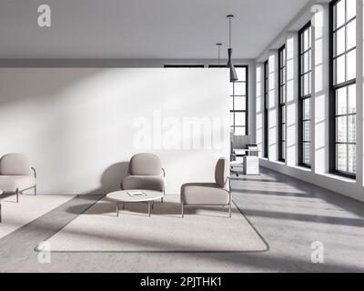 Interno di una moderna sala d'attesa per ufficio con pareti bianche, pavimento in cemento, comode poltrone beige vicino a tavolini da caffè e mock up bianco wal Foto Stock