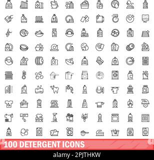 100 icone del detergente impostate. Illustrazione di 100 icone detergenti set di vettori isolato su sfondo bianco Illustrazione Vettoriale