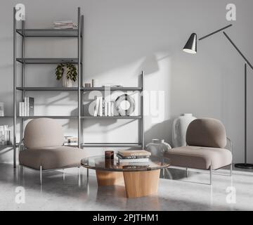Interno soggiorno bianco con due poltrone e tavolino da caffè in vetro, decorazioni minimaliste e libri su scaffale. Zona lounge in studio, concer. Grigio Foto Stock