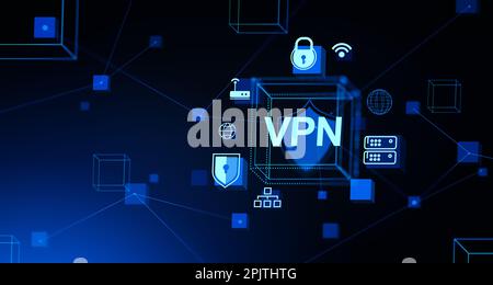 Privacy VPN e internet, protezione dei dati nel cyberspazio. Connessione online anonima e sicura, ologramma con icone digitali. Concetto di privato virtuale ne Foto Stock