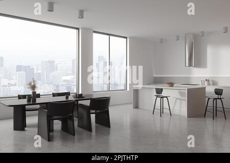 Bianco casa cucina interna con angolo cottura e pranzo, bar isola con sedie. Design moderno dello spazio per mangiare, pavimento in cemento grigio. Finestra panoramica Foto Stock