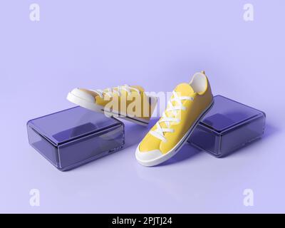 Paio di sneakers gialle su due piattaforme, spazio vuoto in copia viola. Concetto di corsa, allenamento e abbigliamento sportivo. rendering 3d, illustrazione Foto Stock