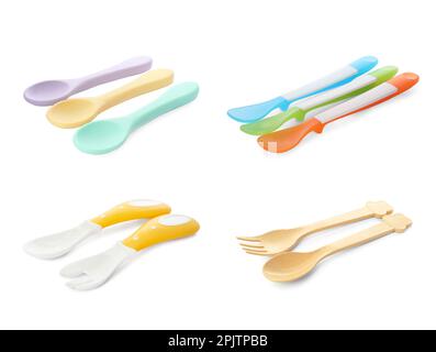 Pappe per bambini con cucchiai di svezzamento su sfondo giallo Foto stock -  Alamy