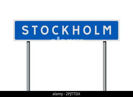 Illustrazione vettoriale della città di Stoccolma (Svezia), segnaletica stradale blu d'ingresso su pali metallici Illustrazione Vettoriale