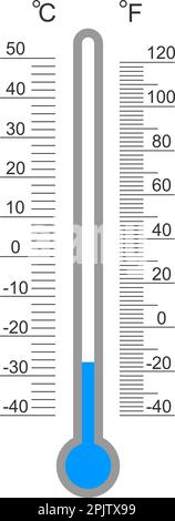 Scala graduata per termometro meteorologico Celsius e Fahrenheit con indice di temperatura a freddo. Strumento di misurazione della temperatura esterna isolato su sfondo bianco. Illustrazione piatta vettoriale Illustrazione Vettoriale