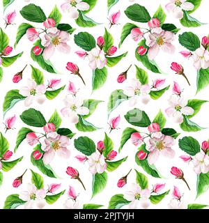 Acquerello senza cuciture con fiori di mela. Isolato su sfondo bianco Foto Stock