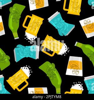 Modello alcolico senza cuciture. Birra in bottiglia bevuta e cartoni animati Whiskey. Illustrazione Vettoriale
