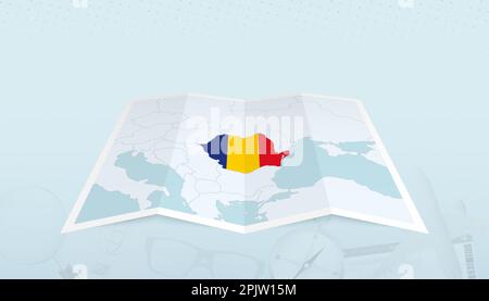 Mappa della Romania con la bandiera della Romania nel contorno della mappa su uno sfondo astratto viaggio. Illustrazione del viaggio. Illustrazione Vettoriale