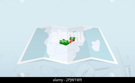 Mappa dello Zambia con la bandiera dello Zambia nel contorno della mappa su uno sfondo astratto del viaggio. Illustrazione del viaggio. Illustrazione Vettoriale