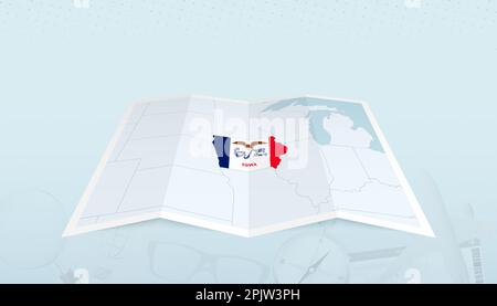 Mappa dell'Iowa con la bandiera dell'Iowa nel contorno della mappa su uno sfondo astratto del viaggio. Illustrazione del viaggio. Illustrazione Vettoriale