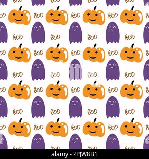 Motivo senza cuciture disegnato a mano con zucche di Halloween, fantasmi in stile piatto Foto Stock