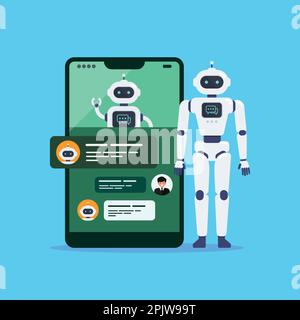 Robot Android e chat bot sullo schermo dello smartphone. Chat GPT. Intelligenza artificiale. Illustrazione vettoriale Illustrazione Vettoriale