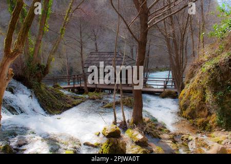 Uno splendido gazebo in legno situato sulle rive di un tranquillo torrente, circondato da una vegetazione lussureggiante e da acque calme Foto Stock
