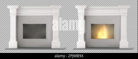 Isolato realistico camino elettrico bianco vettore set. 3d fuoco mettere oggetto su sfondo trasparente con fiamma naturale per interno appartamento desig Illustrazione Vettoriale