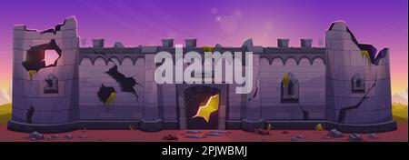 Rotto castello medievale muro di pietra cartoni animati sfondo. Fortezza torre in muratura edificio rovina vettore gioco livello di illustrazione. Scappatoia nella porta della cittadella. A. Illustrazione Vettoriale